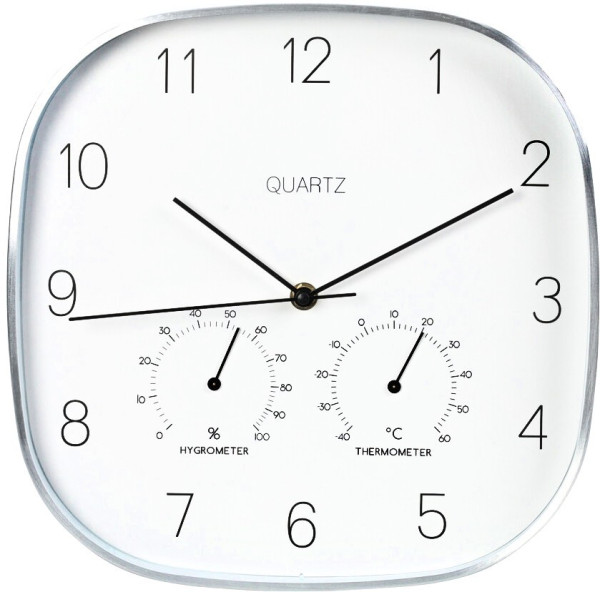Nástěnné hodiny s teploměrem a vlhkoměrem 28,5 cm stříbrný rám