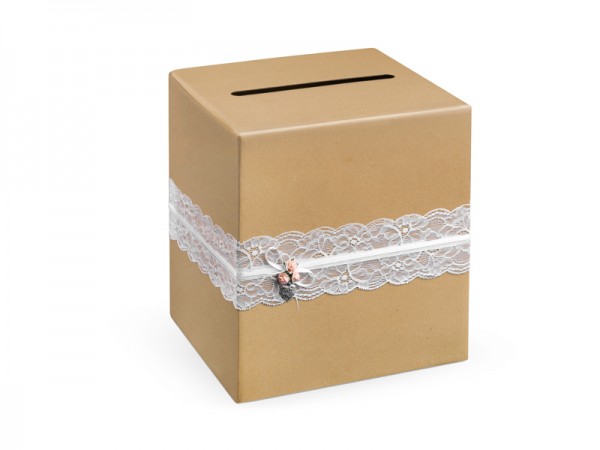 Svatební krabice hnědá  - krajka