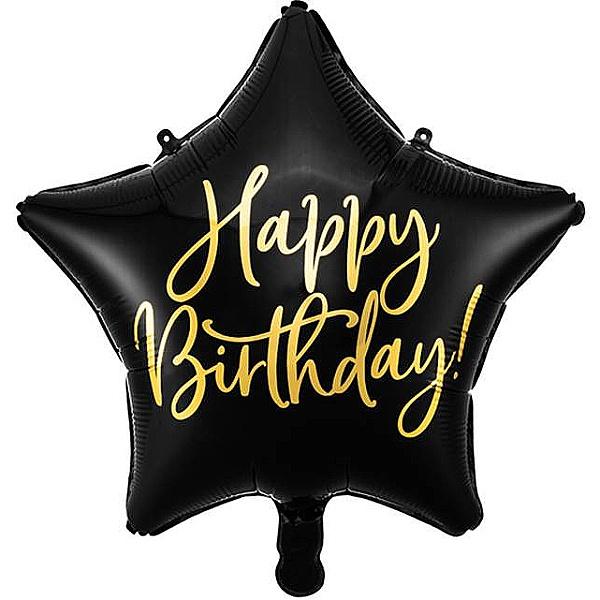 Balónek fóliový hvězda černá, Happy Birthday 40 cm